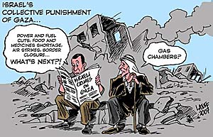 2 палестинца на карикатуре Карлоса Латуфа: "Блокированы поставки продуктов, лекарств, блокированы воздушное и наземное сообщение, что дальше? -Газовые камеры!?