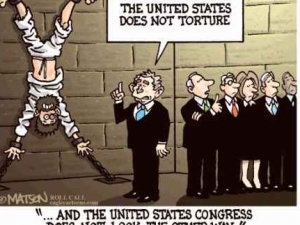 Подпись на карикатуре: Буш - США не пытают; снизу - Конгресс США не видит иного пути