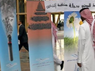 Саудовский студент рассматривает постеры антитобачной кампании