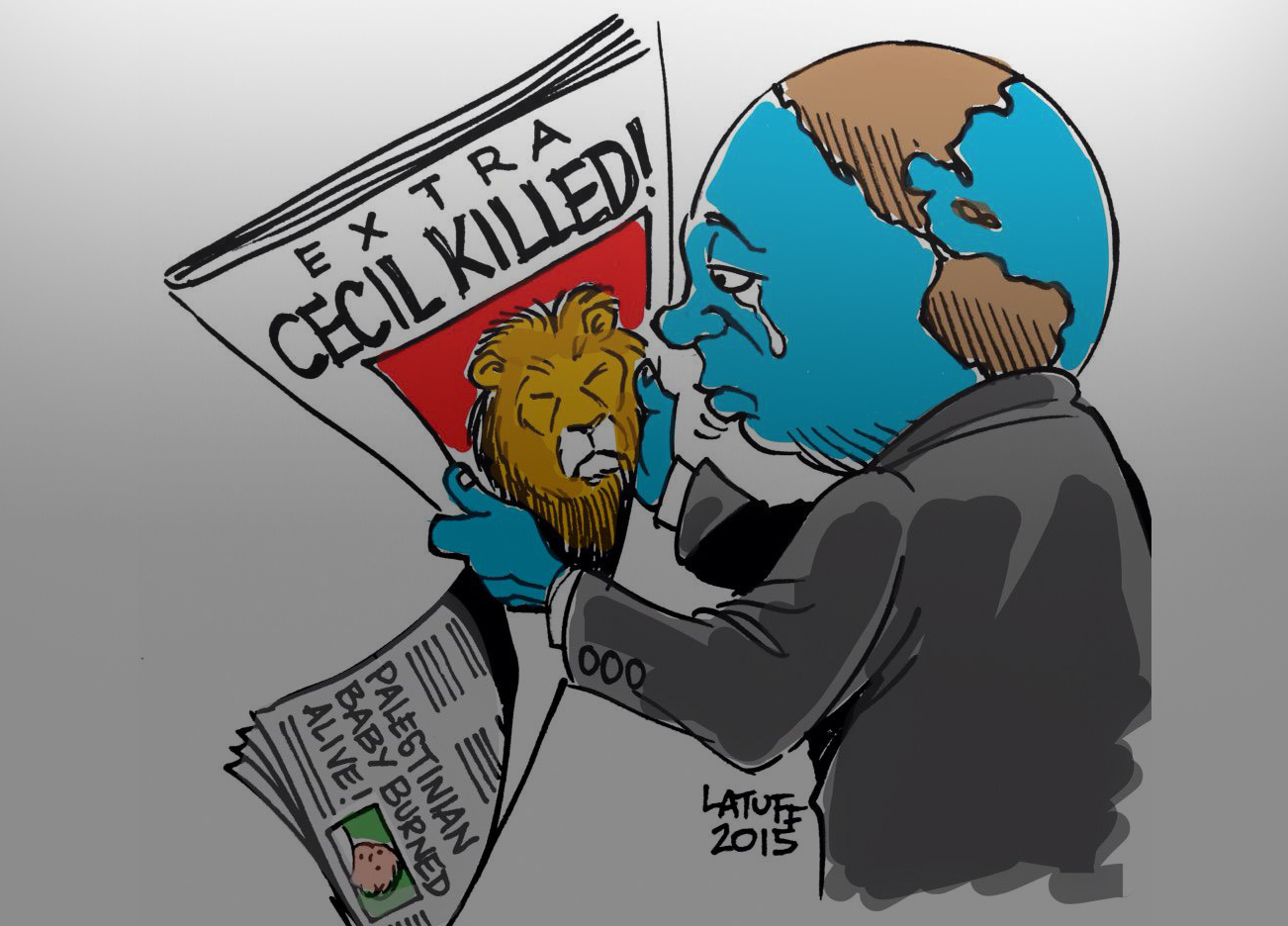 Карикатура Карлоса Латуффа. В заголовке газеты «Убийство льва Сесилла» и на последней полосе новость о сожжении заживо палестинского мальчика израильскими поселенцами