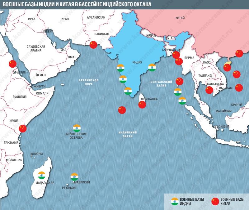 Расположение китайских военных баз  в различных регионах мира