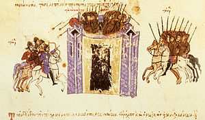 Осада Амория. Иллюстрация из Мадридской рукописи «Хроники» Иоанна Скилицы.