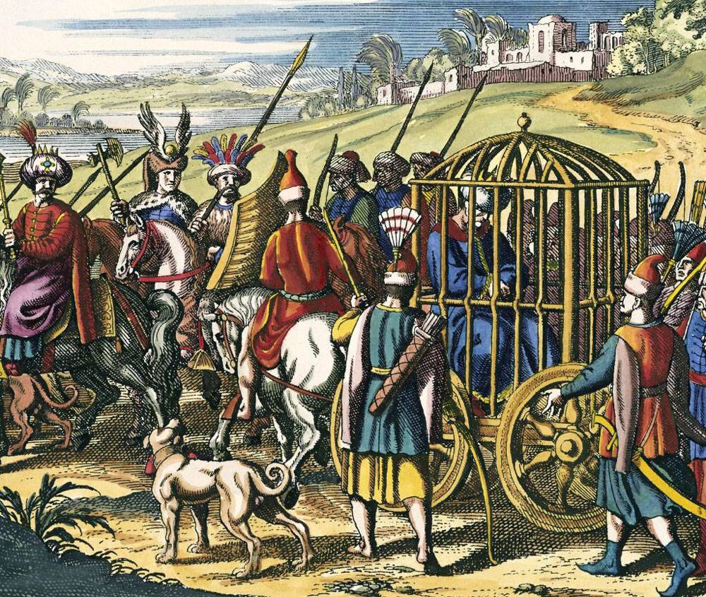 Воины Тимура везут в клетке пленного османского султана Баязида